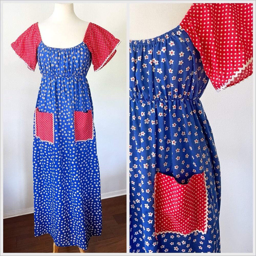 Vintage 70s Peasant Ric Rac‎ Blue Red Maxi Dress Prairie Ditsy // Size Medium